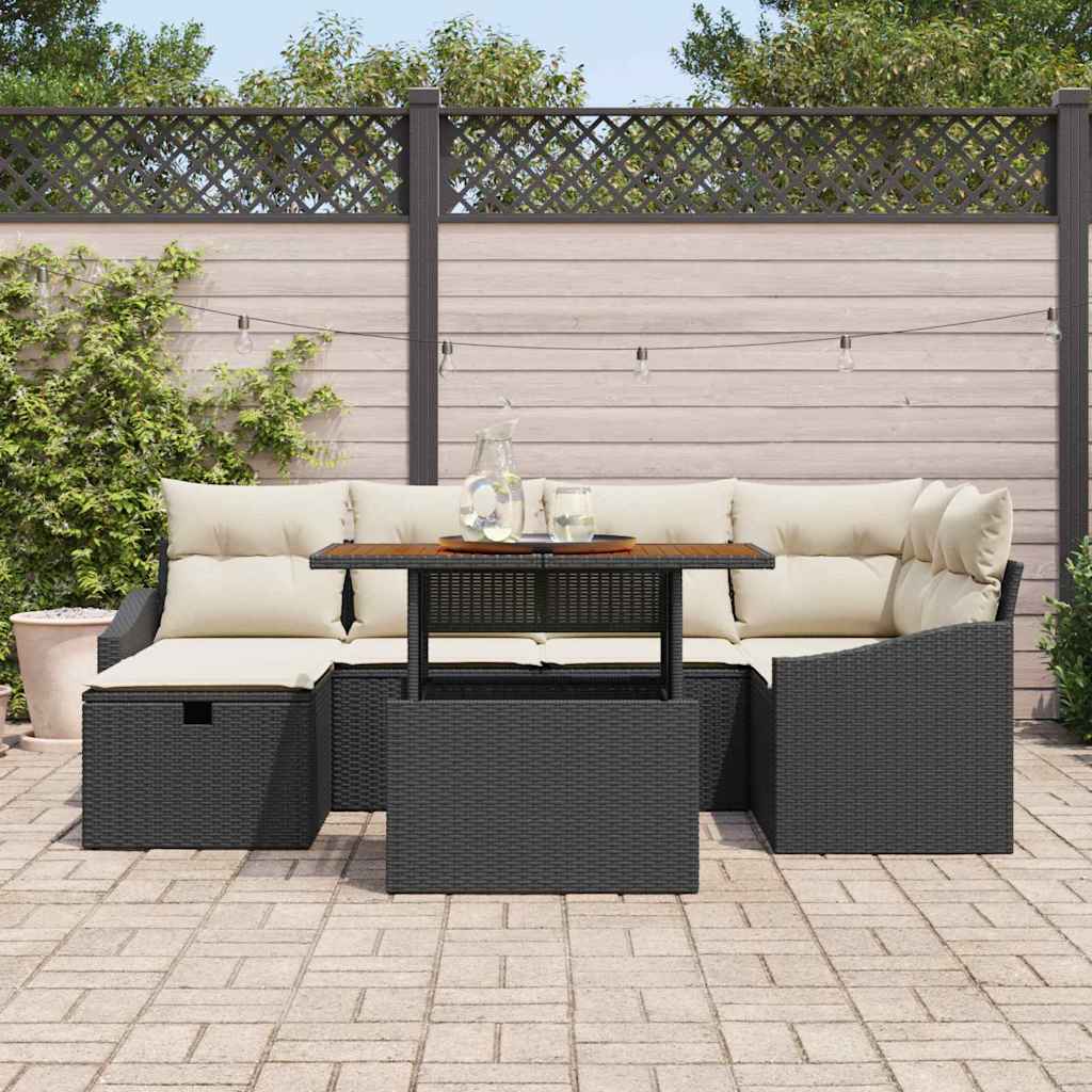 Garten-Sofa-Set mit Kissen 7 pcs Schwarz Poly Rattan